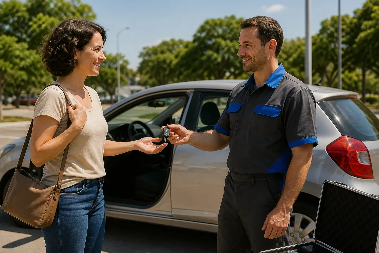 Chaveiro abrindo um carro com equipamentos especiais para não causar danos.