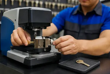 Chaveiro confeccionando cópias de chaves utilizando uma máquina adequada.