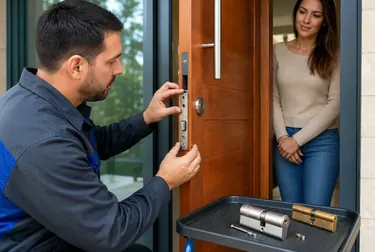Chaveiro instalando uma nova fechadura em uma porta.