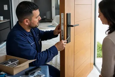 Chaveiro realizando a instalação de uma fechadura em uma porta de madeira.