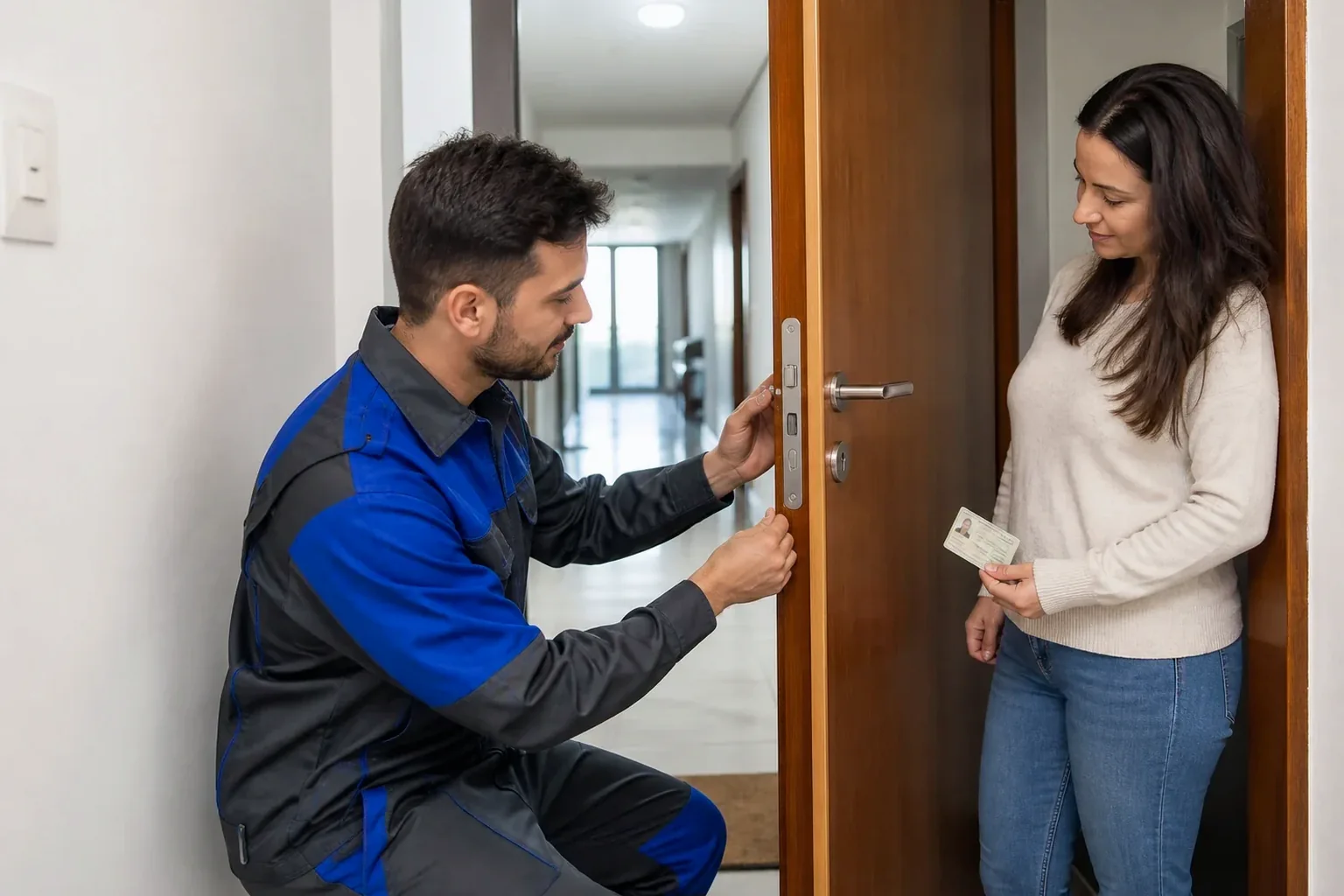 Profissional abrindo uma porta com ferramentas específicas de chaveiro.